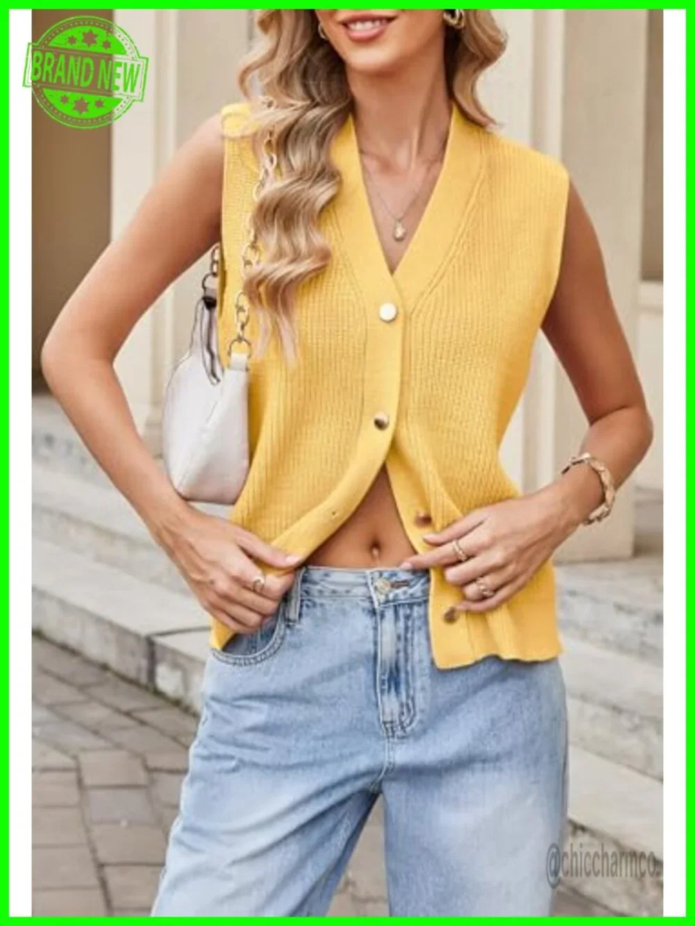 Gold Button V Neck Sleeveless Knit Cardigan Vest Sweater Women